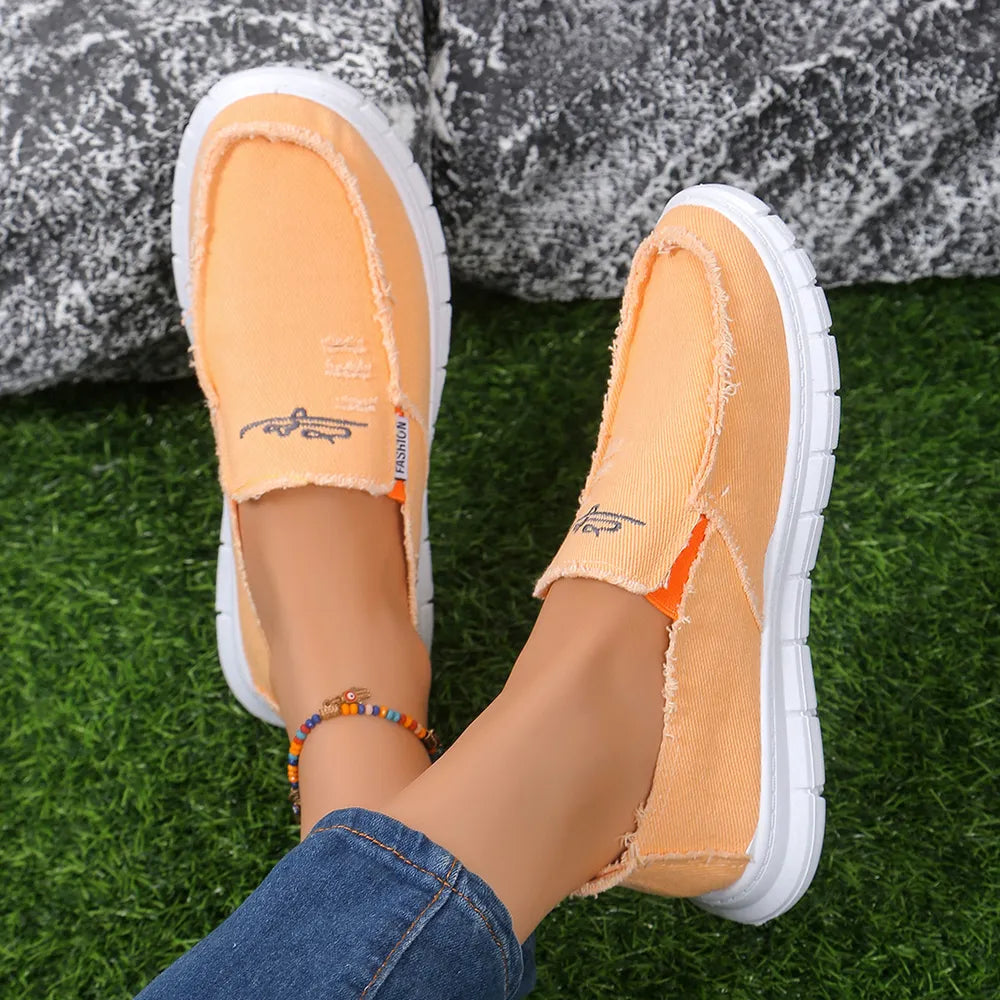 Women's Raw Edge Canvas Slip-Ons - Comfortable Round Toe Embroidery Flat Shoes