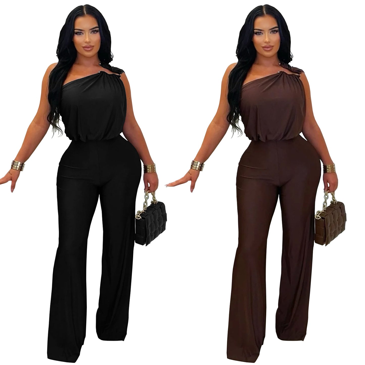 Chic One-Shoulder Wide-Leg Jumpsuit – Elegant Sleeveless Bodycon Romper for Women