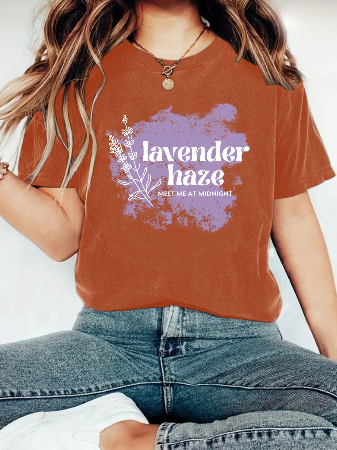 Lavender Haze' Pattern Printed Round Neck Short Sleeved T-Shirt | Graphic Slogan Tee