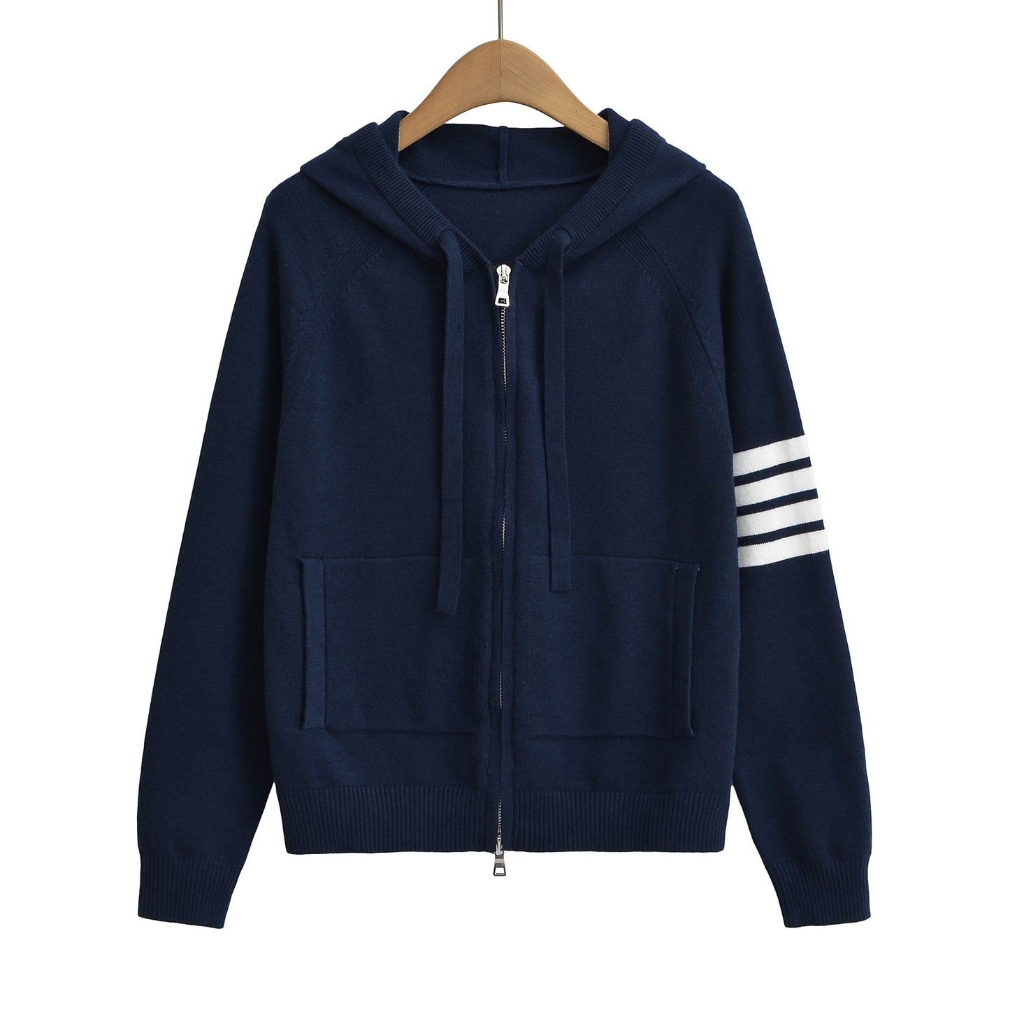 Cozy Full-Zip Hooded Knitted Sweater – Casual Striped Sleeve Hoodie for Women