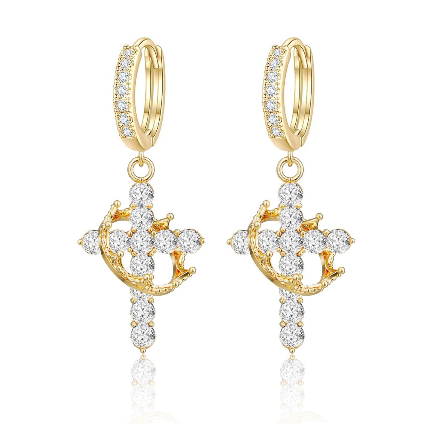Gold Tone Zircon Pave Cross Dangle Hoop Earrings