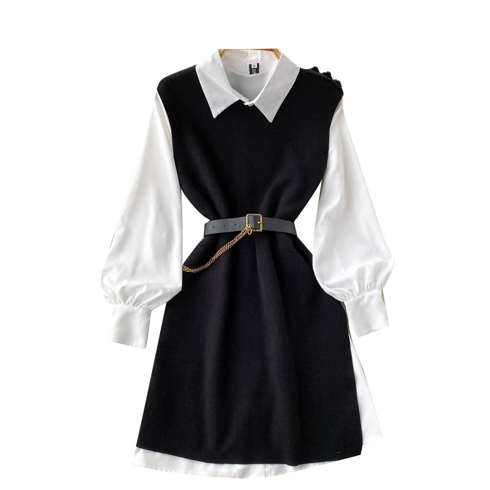 French Style 2-Piece Knit Vest & Shirt Dress Set - Elegant Contrast Waist-Cinching Autumn Suit