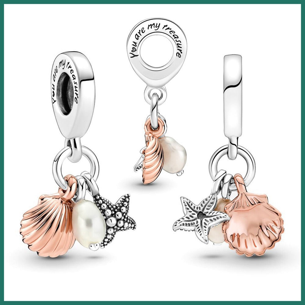 Sterling Silver & Rose Gold-Tone Shell Starfish and Pearl Dangle Charm / Ocean & Beach Themed Charm Pendant for Bracelets