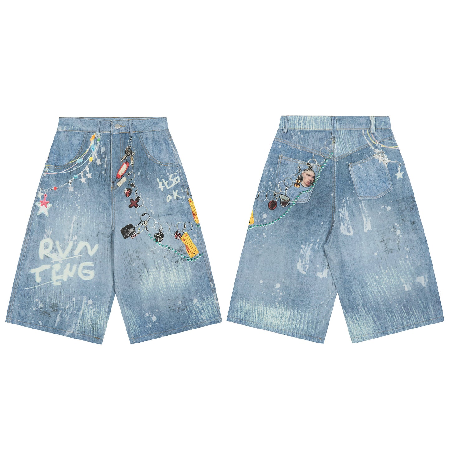 Graffiti Splatter Chain Detail Denim Shorts - Unisex Y2K Washed Wide Leg Streetwear Pants
