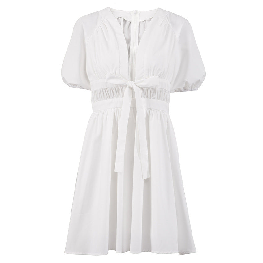 Sexy Deep V-Neck White Mini Dress - Elegant Puff Sleeve Cut-Out Waist Summer Skirt for Women
