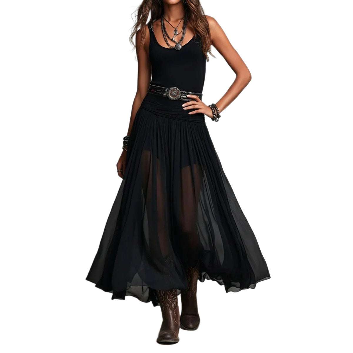 Boho Style Spaghetti Strap Black Mesh Dress - Elegant Flowing Maxi Dress