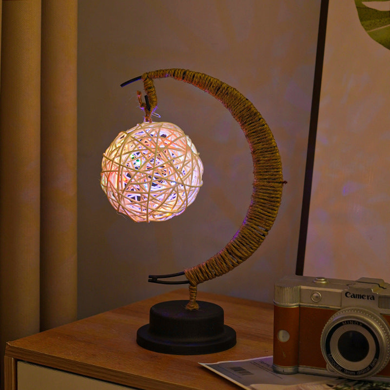 LED Star in Moon Night Light with Hemp Rope and Iron Art Base