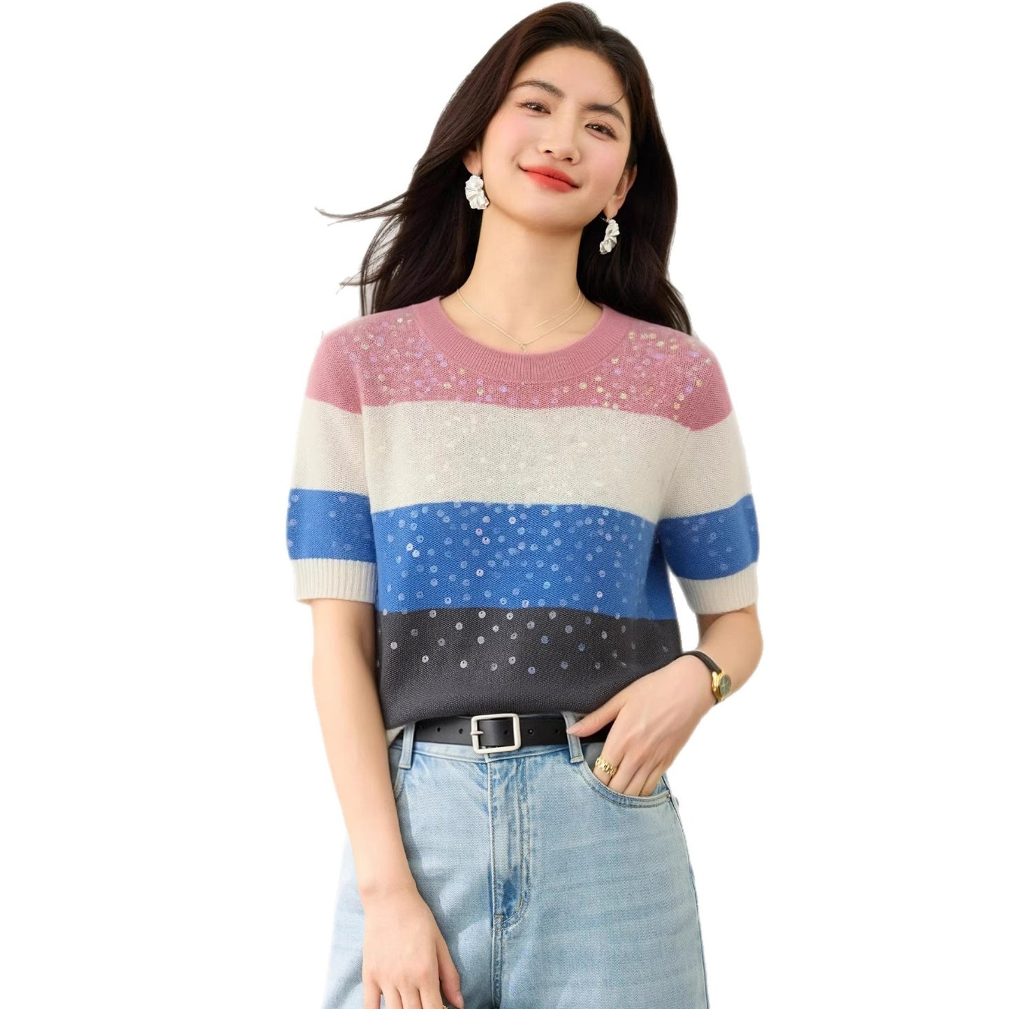 Women's Striped Sequin Short Sleeve T-Shirt - Crew Neck Slim Fit Knit Top