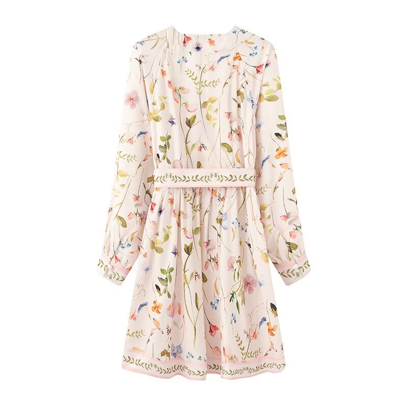 Romantic Floral Print Wrap Mini Dress - Elegant V-Neck Long Sleeve Boho Summer Dress