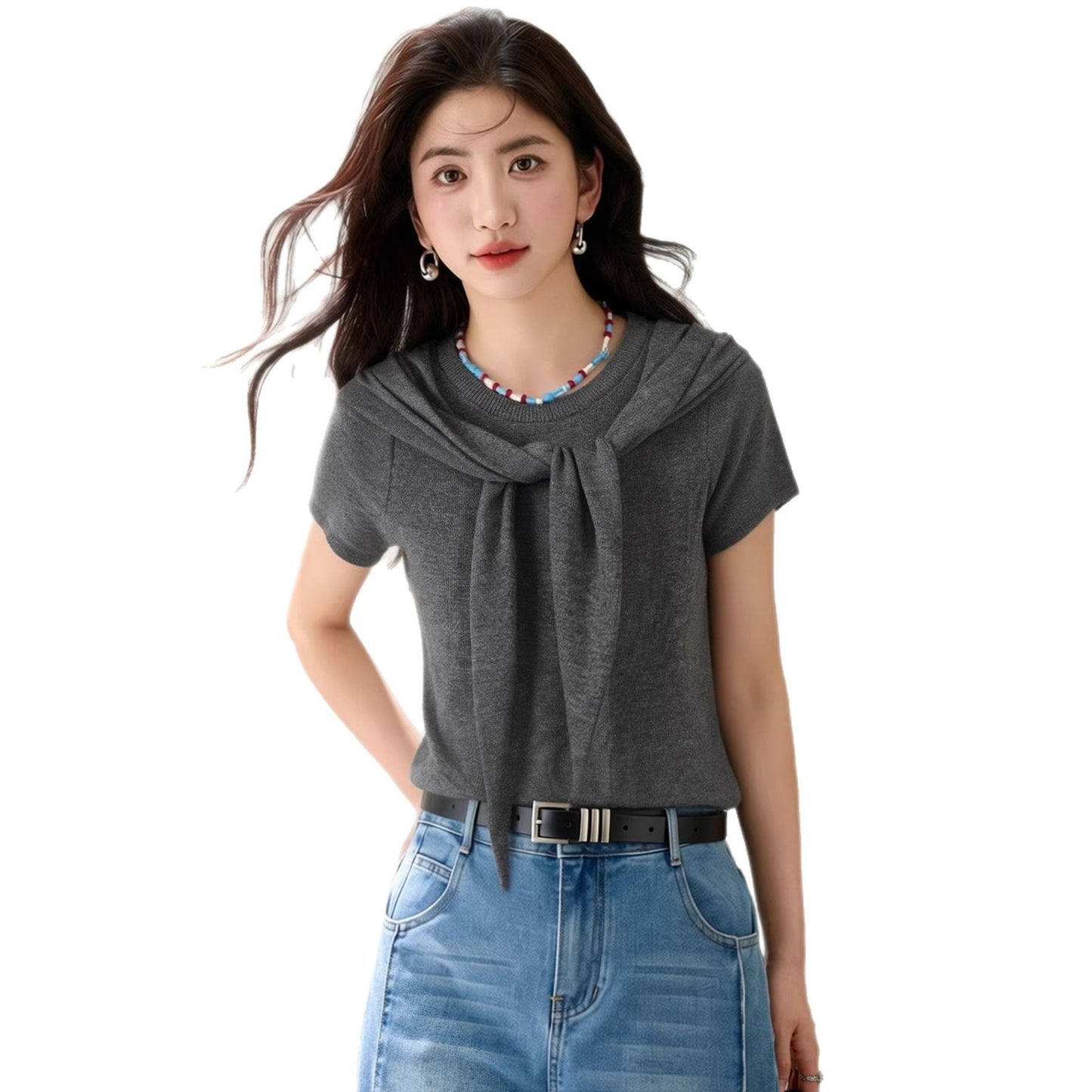 Women's Chic Two-Piece T-Shirt with Shoulder Wrap - Elegant Summer Knit Top