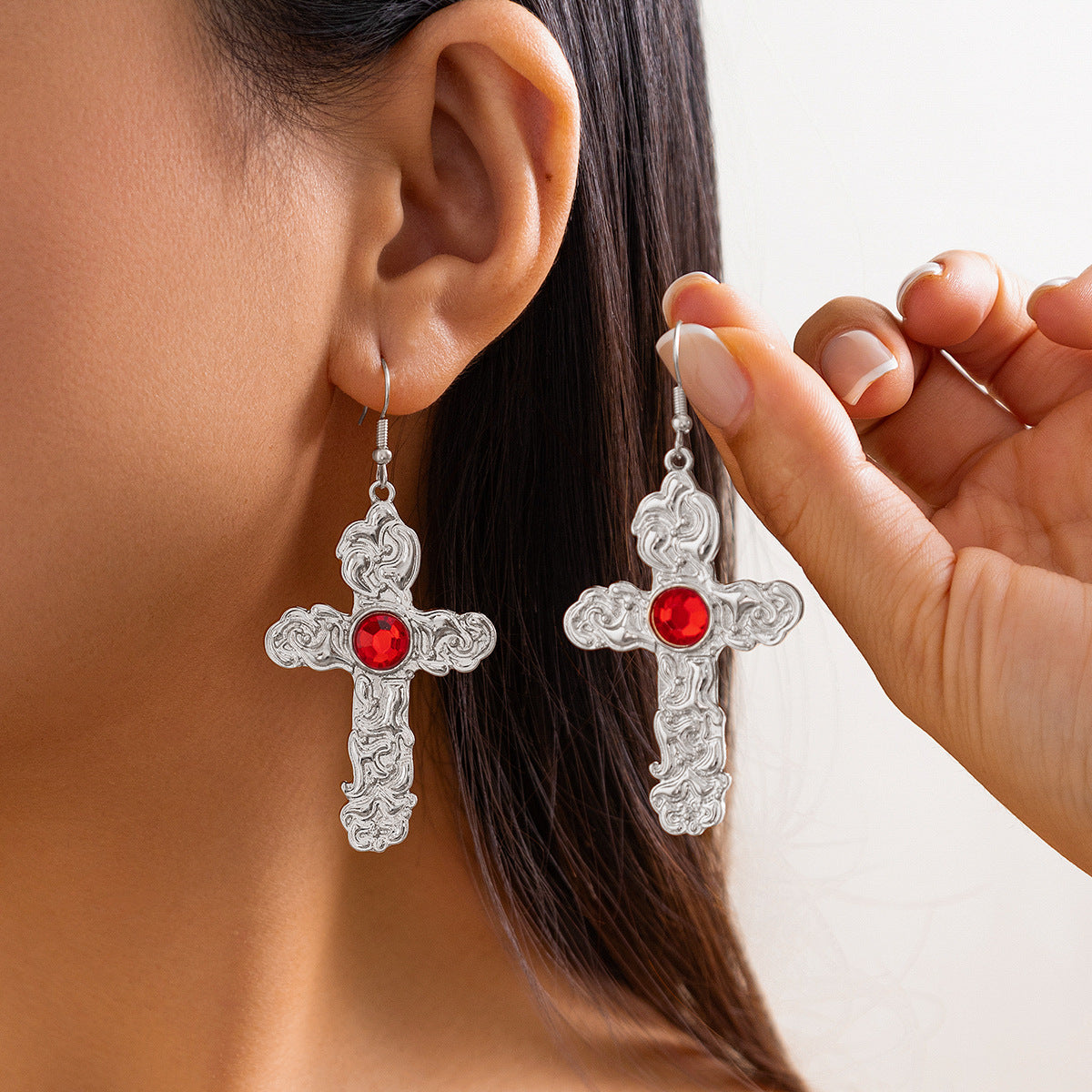 Palace Style Cross Pendant Necklace & Earring Set with Red Gemstones