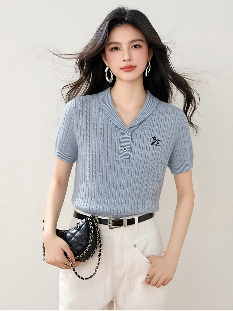 Elegant Flip Collar Cable Knit Blouse - Slim Fit Casual Top for Women