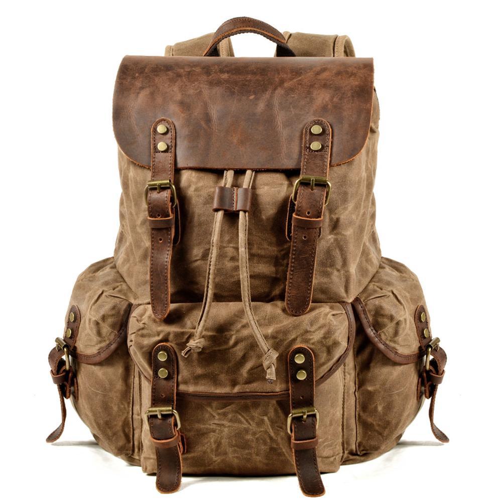 Men's Vintage Oil Wax Canvas & Leather Backpack - Retro Travel Computer Bag