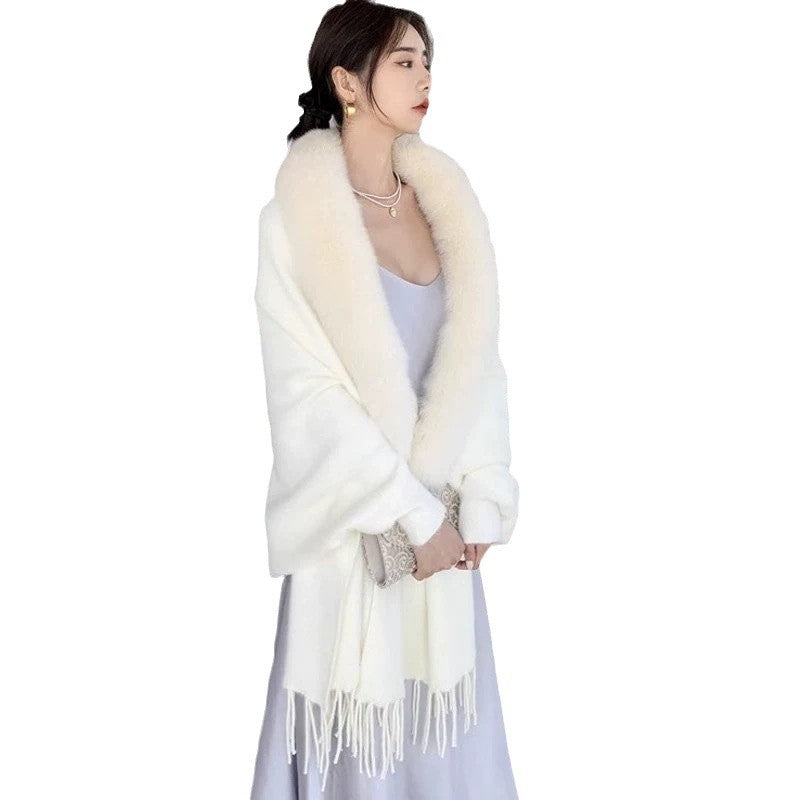 Autumn Winter Women's Faux Fur Collar Knitted Cape Cardigan | Solid Color Poncho