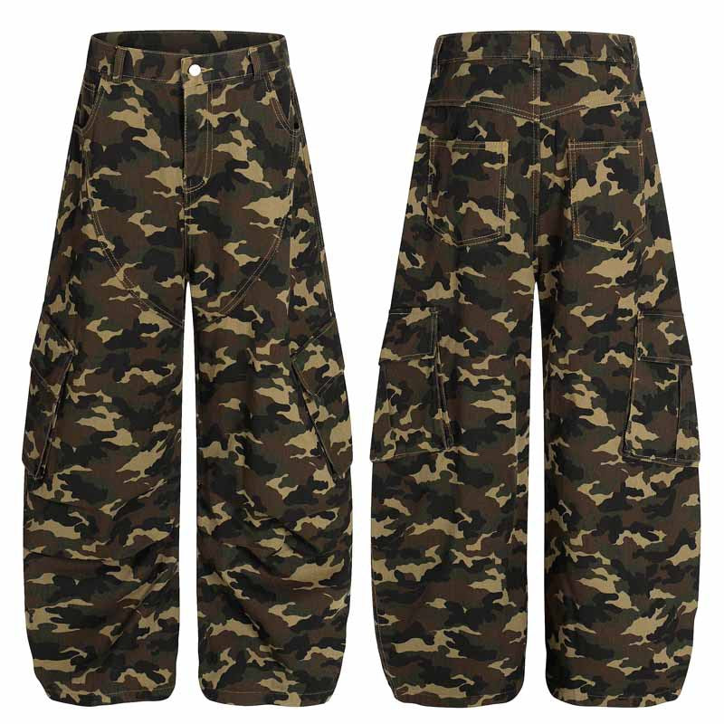 Unisex Camouflage Multi-Pocket Loose Straight Leg Cargo Pants