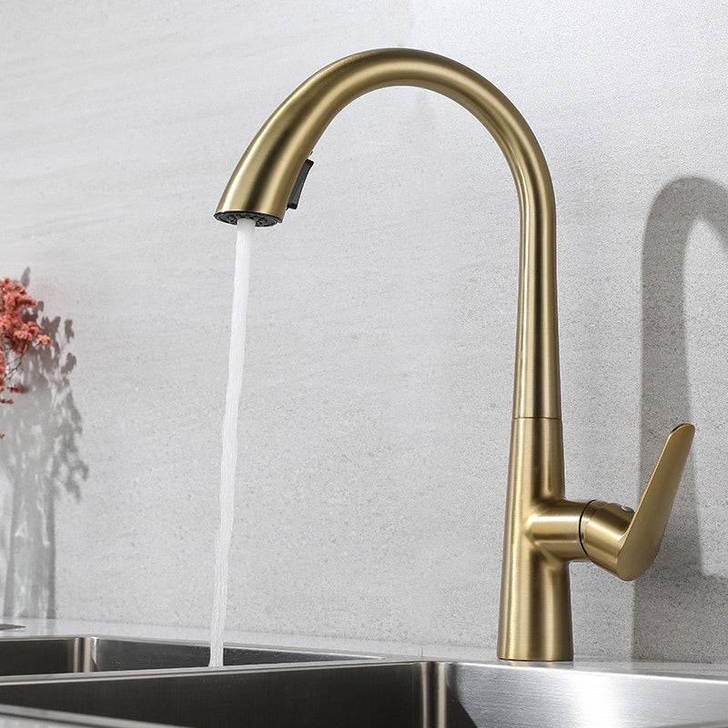 Polished Gold 304 Stainless Steel Kitchen Faucet with Pull-Down Sprayer