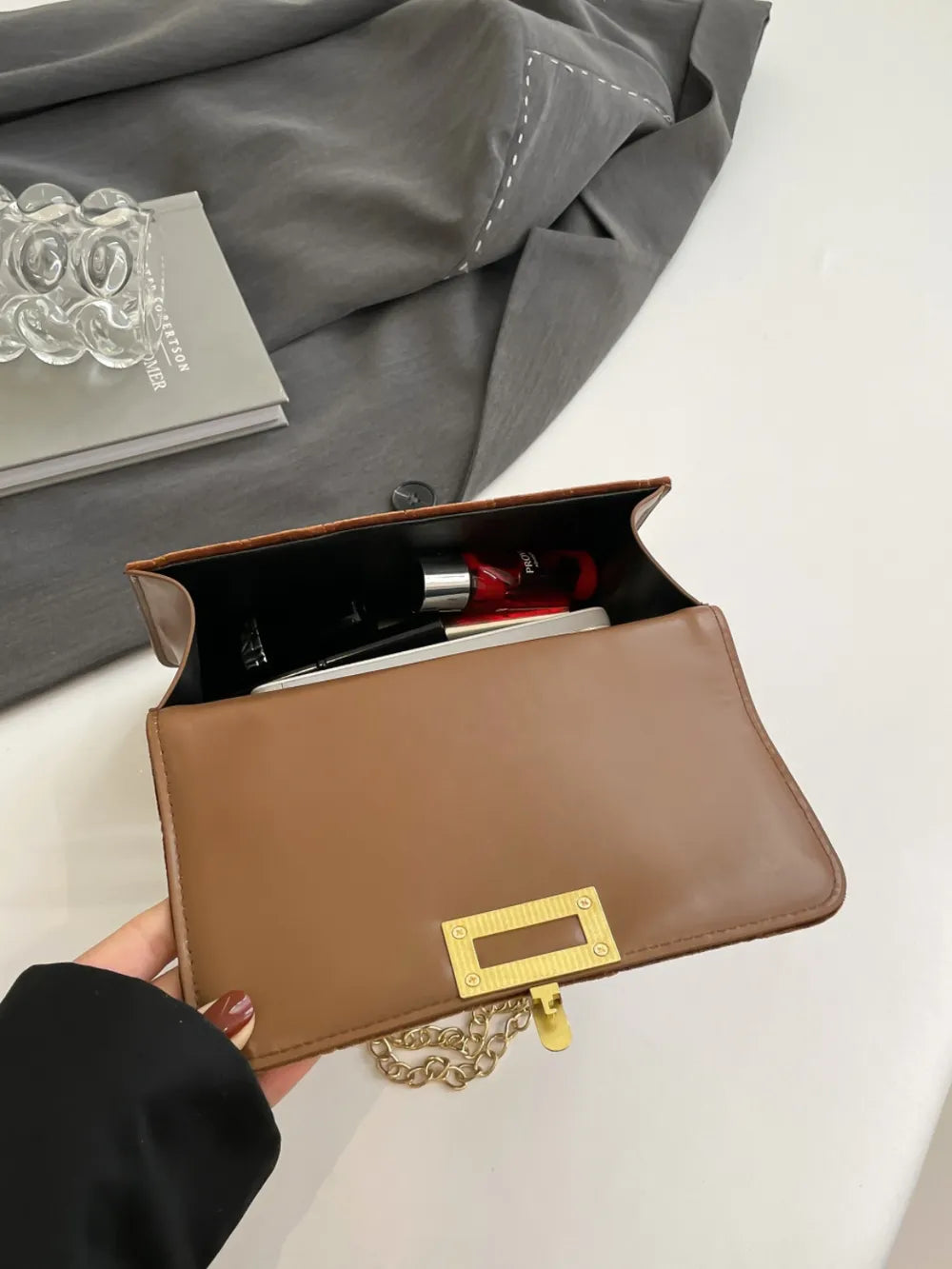 Black Velvet Chain Strap Shoulder Bag with Gold Hardware