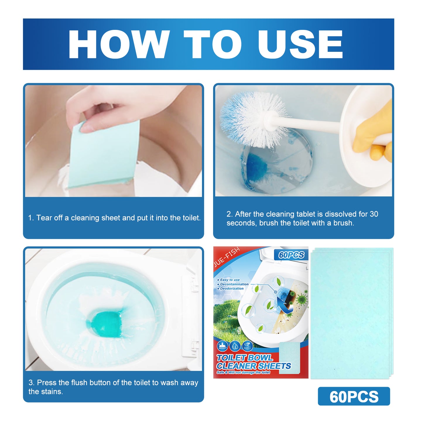 Powerful Toilet Bowl Cleaner Sheets - Automatic De-stain & Deodorizing Tablets