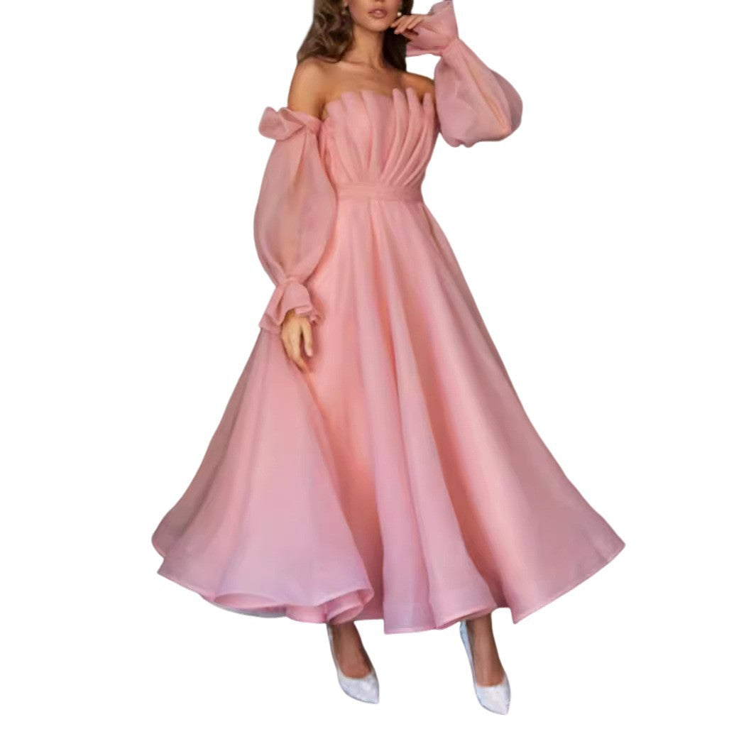 Elegant Off-Shoulder Lantern Sleeve Maxi Dress - Pleated Princess Style Evening Gown for Women