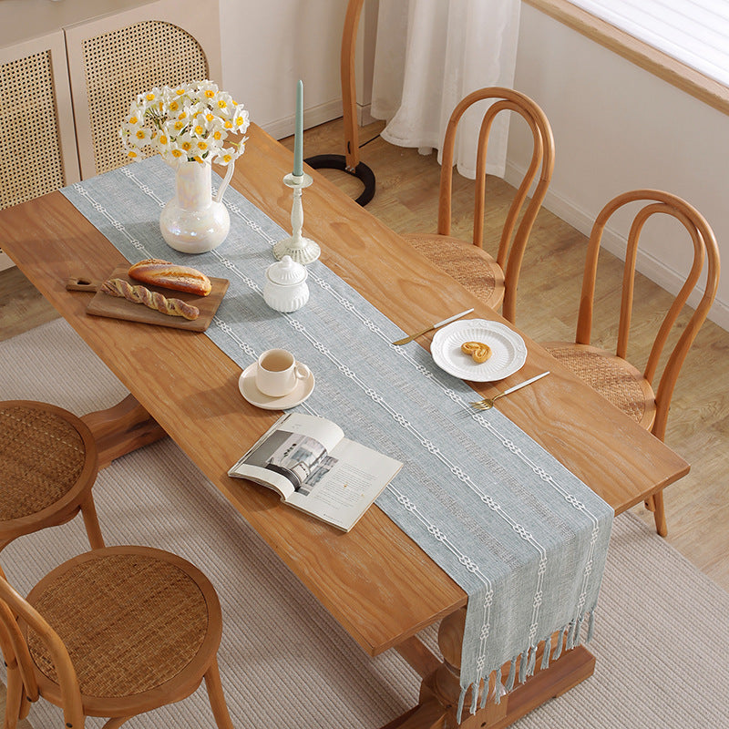 Rustic Hand-Woven Table Runner – Cotton & Linen Boho Table Flag with Tassels