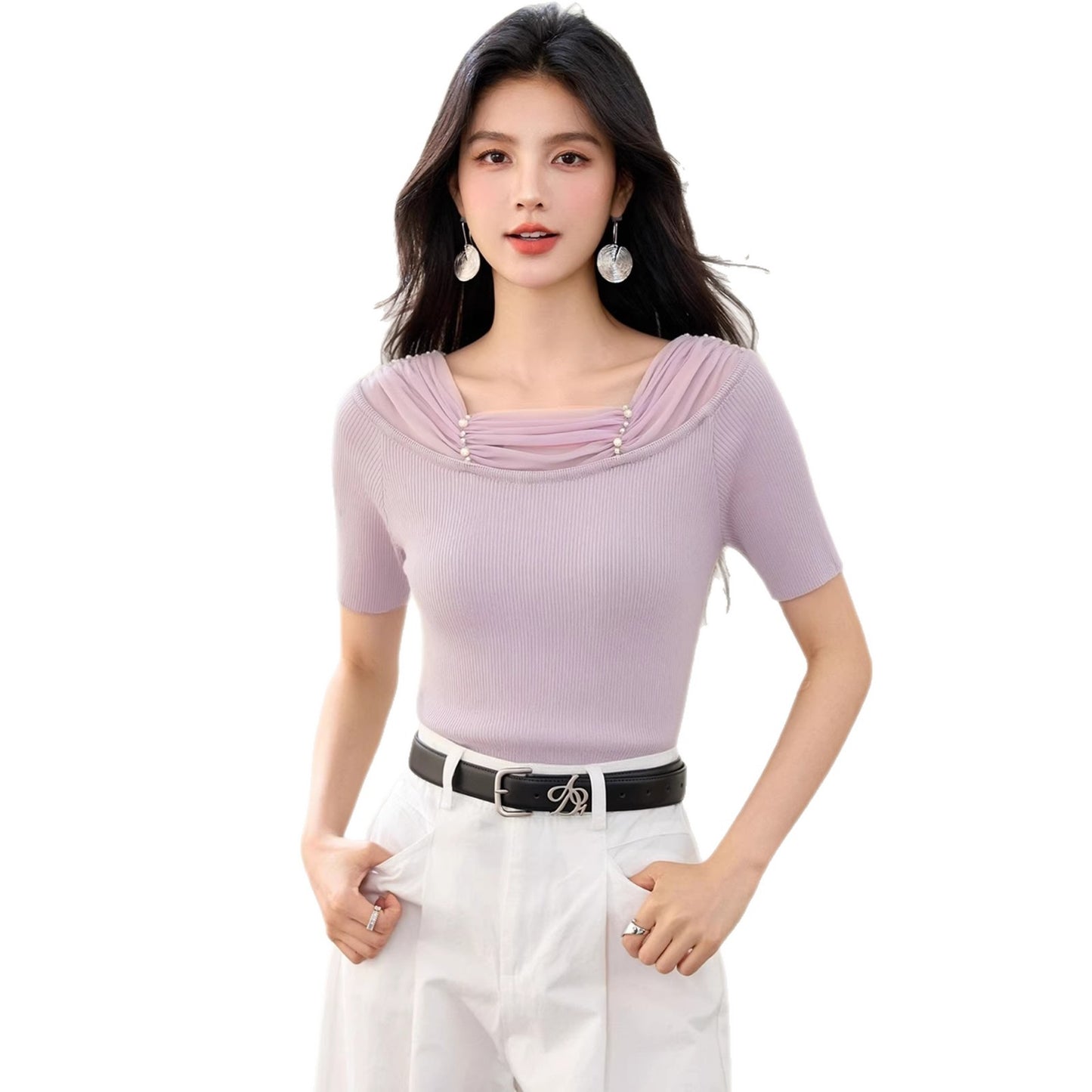 Women's Lace Spliced Off-Shoulder Knit Top - Slim Fit Short Sleeve Blouse
