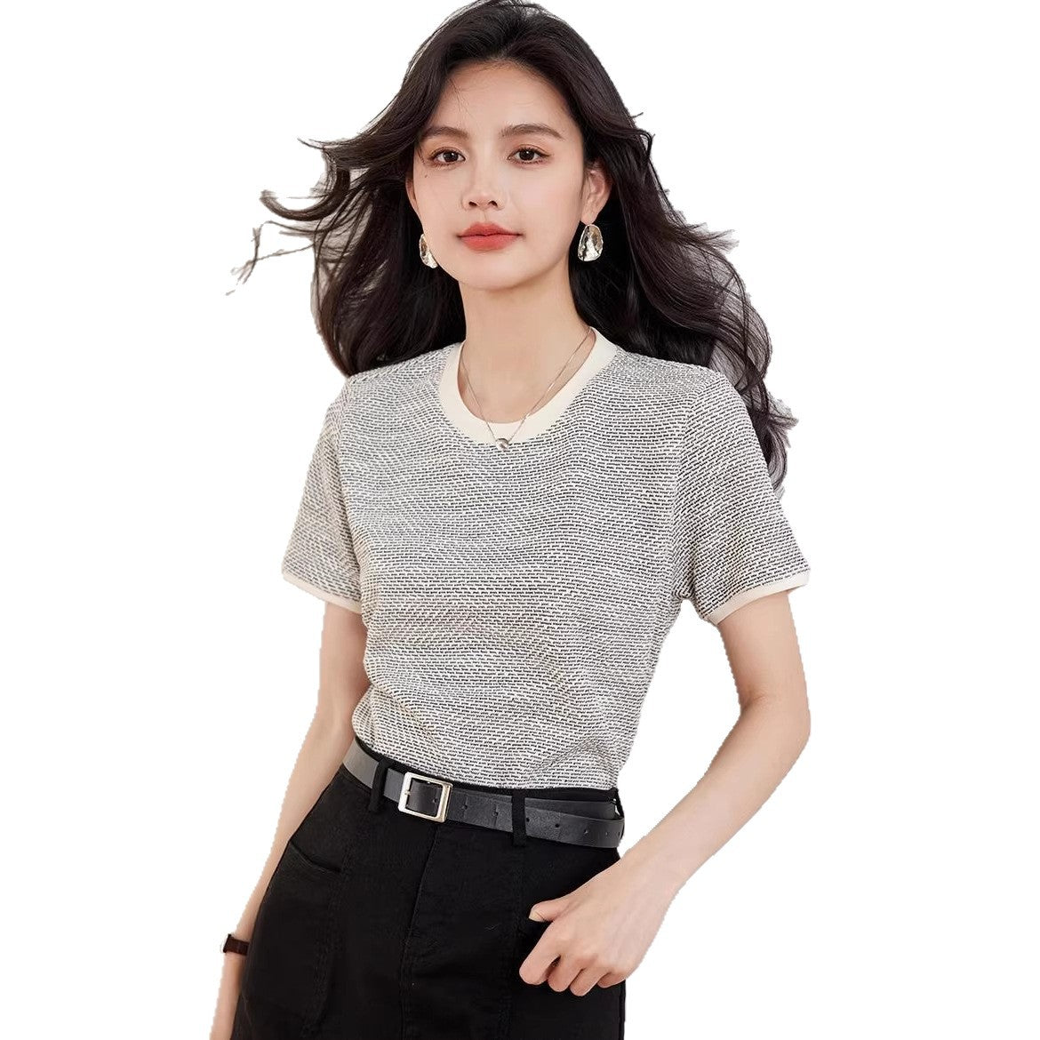 Casual Fashion Basic Tee - Chic Knit Short Sleeve Top for Women