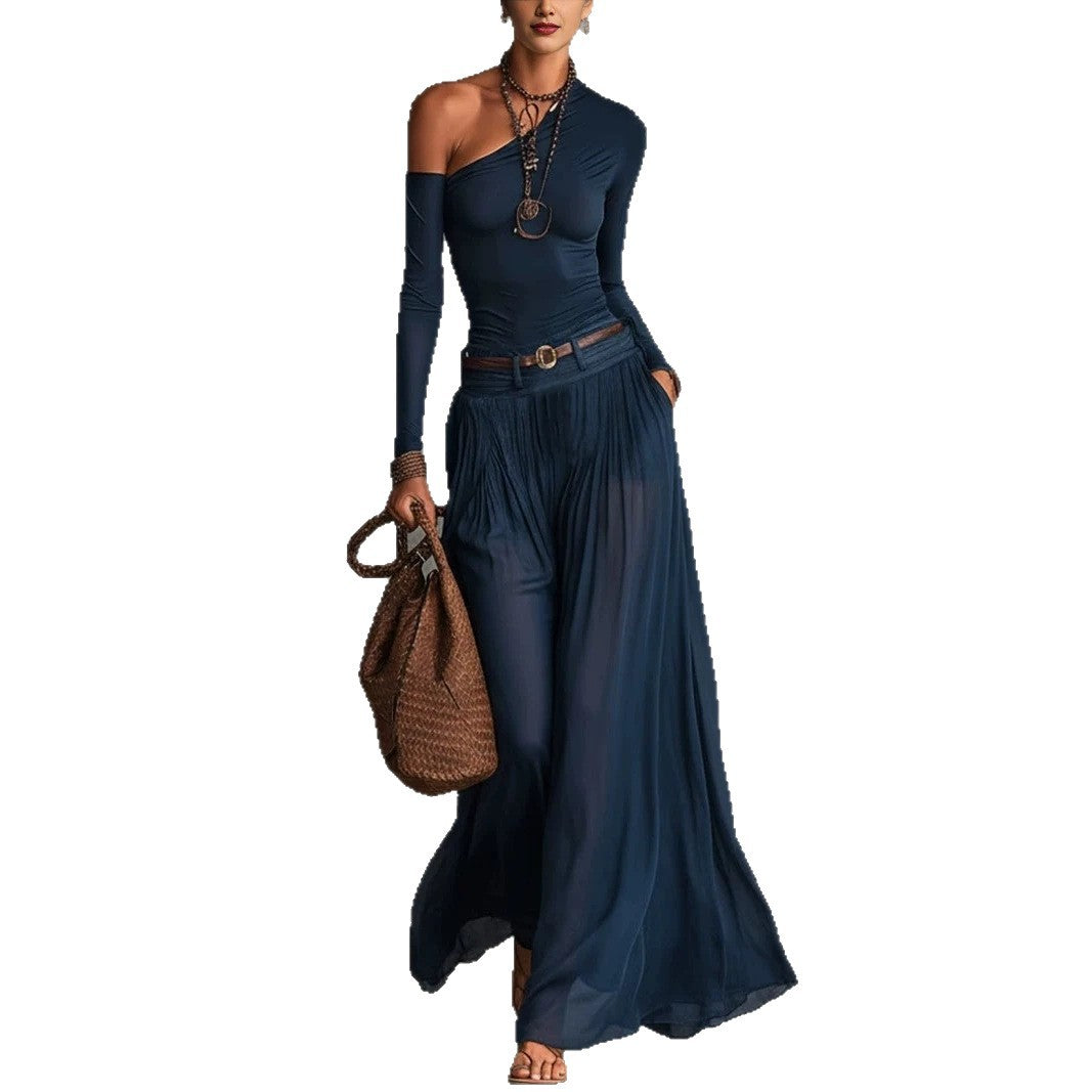 Women's Fashionable Asymmetrical One-Shoulder Top and Maxi Skirt Set with Belt