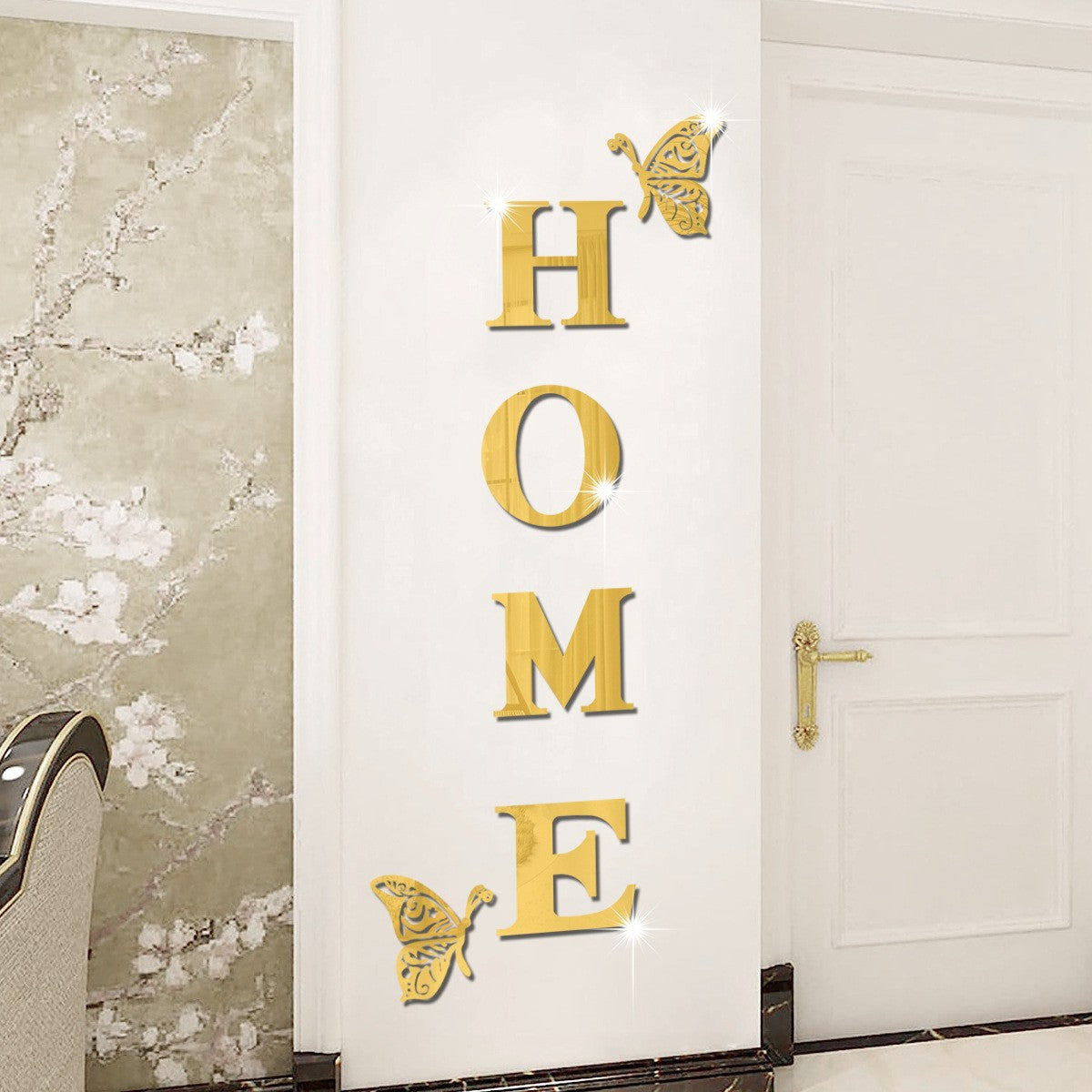 3D Acrylic Mirror Wall Sticker – "HOME" Letter with Butterflies for Living Room Decor