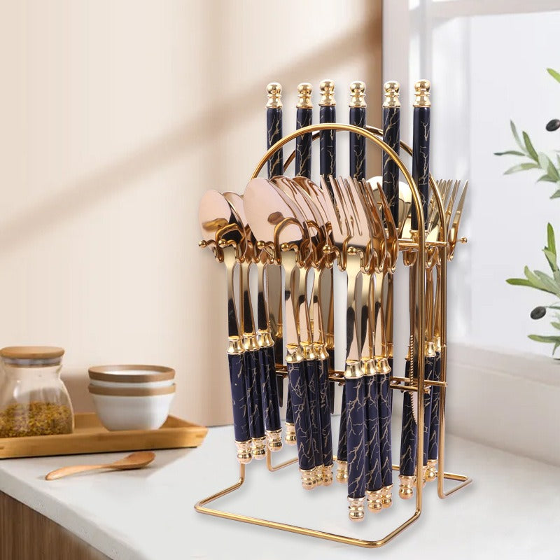 Luxury 24-Piece Golden Cutlery Set with Marble Pattern Handles & Gold Stand
