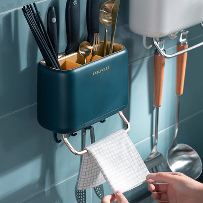 Wall-Mounted Multi-Functional Kitchen Utensil Holder - Knife Rack & Chopstick Cage Storage Organizer with Towel Bar