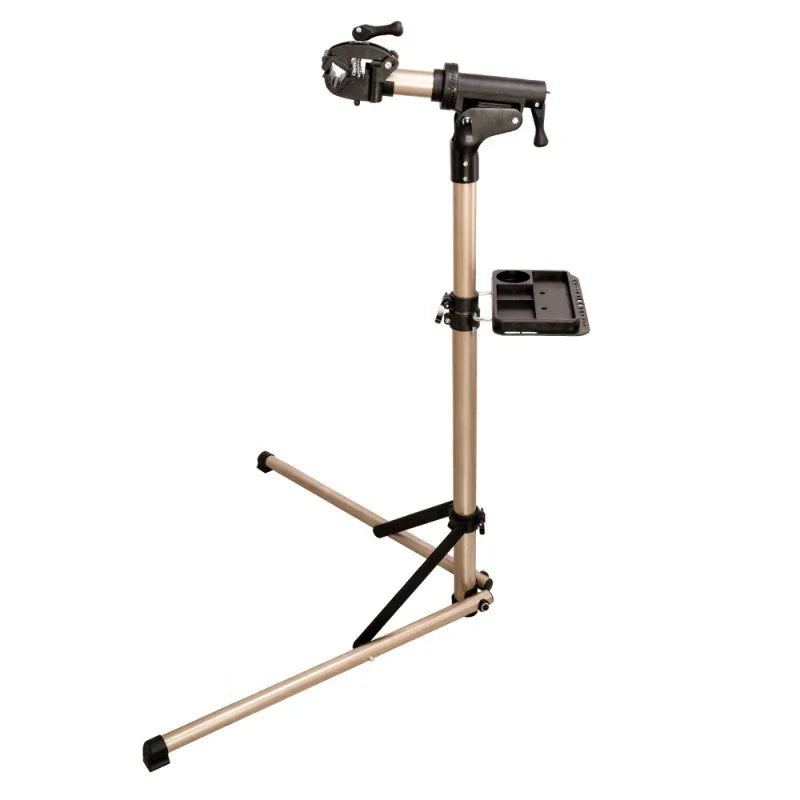 Adjustable bike repair stand with tool tray and sturdy tripod base on white background