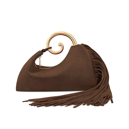 Fashionable Women's Winter Bag - Elegant Suede Purse with Leather Tassels & Unique Handle