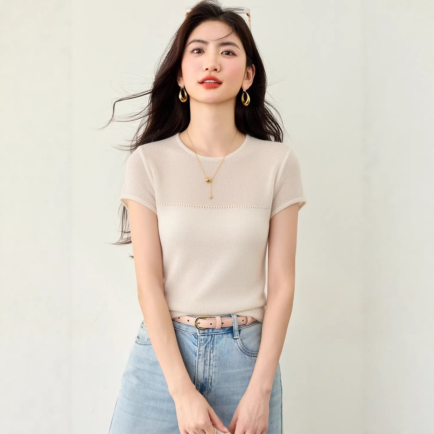 Lazy Style Minimalist Knitted Innerwear Top - Short Sleeve Tee for Women