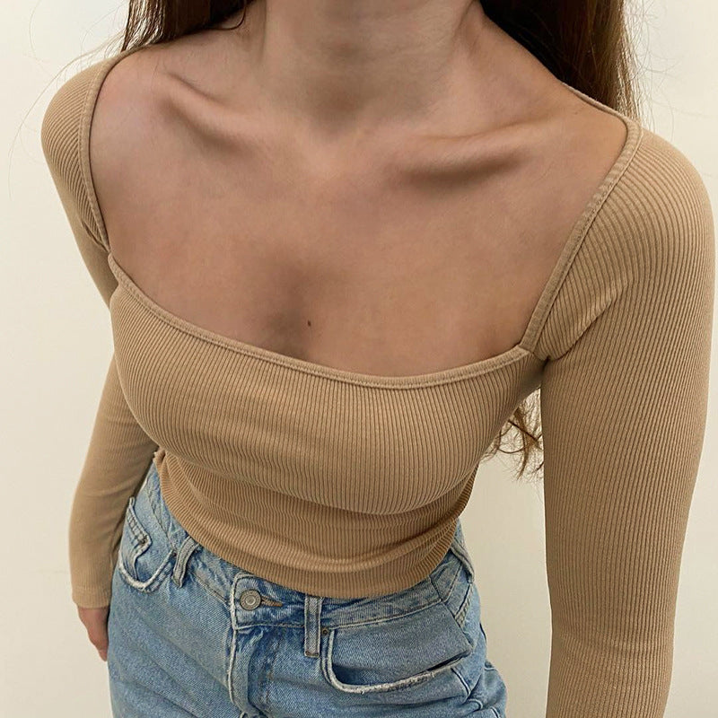 Minimally Slim Fit Vertical Knit Square Neck Long Sleeved Top for Women