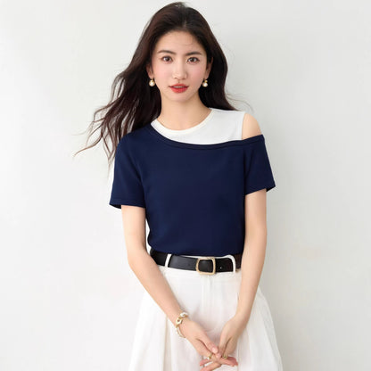 Women's Asymmetric Two-Tone Ice Silk Knit Top - Off-Shoulder Short Sleeve Blouse
