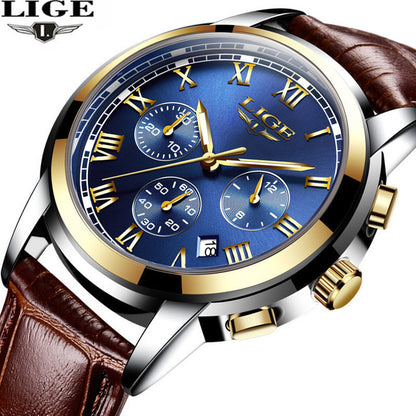 LIGE Casual Fashion Luminous Quartz Watch with Brown Leather Strap