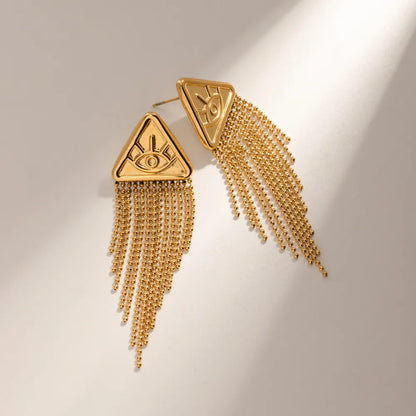 Statement Evil Eye Triangle Tassel Drop Earrings