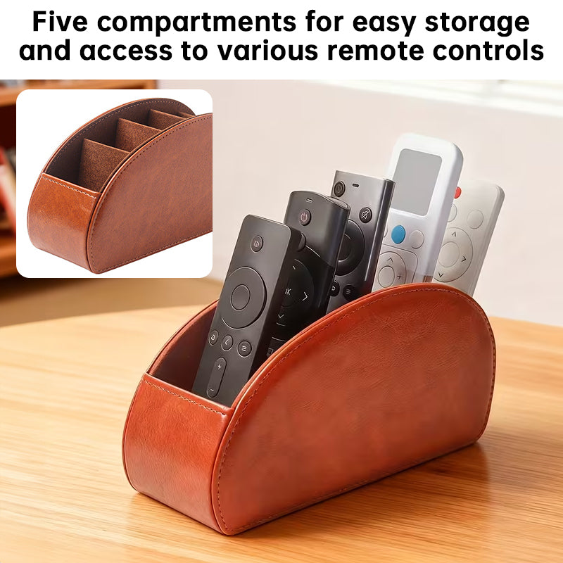 5-Slot PU Leather Remote Control Holder - Desktop Organizer for TV & Media Players