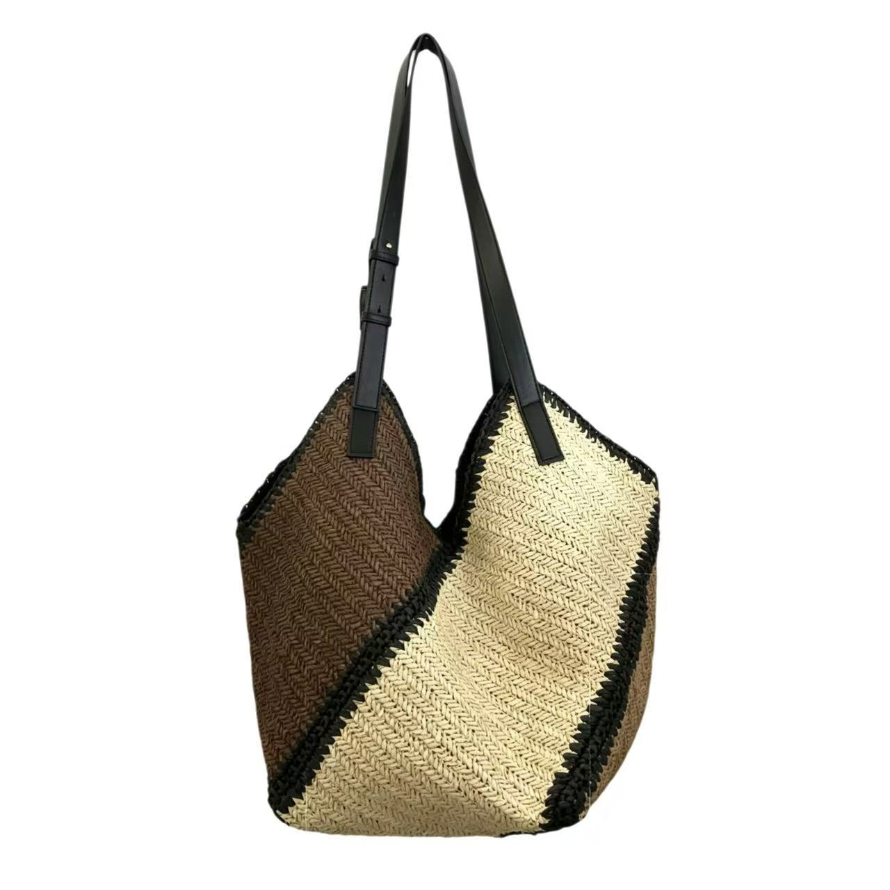 Vintage Hand-Woven Straw Shoulder Bag - Casual Straw Patchwork Hobo Bag & Summer Beach Tote