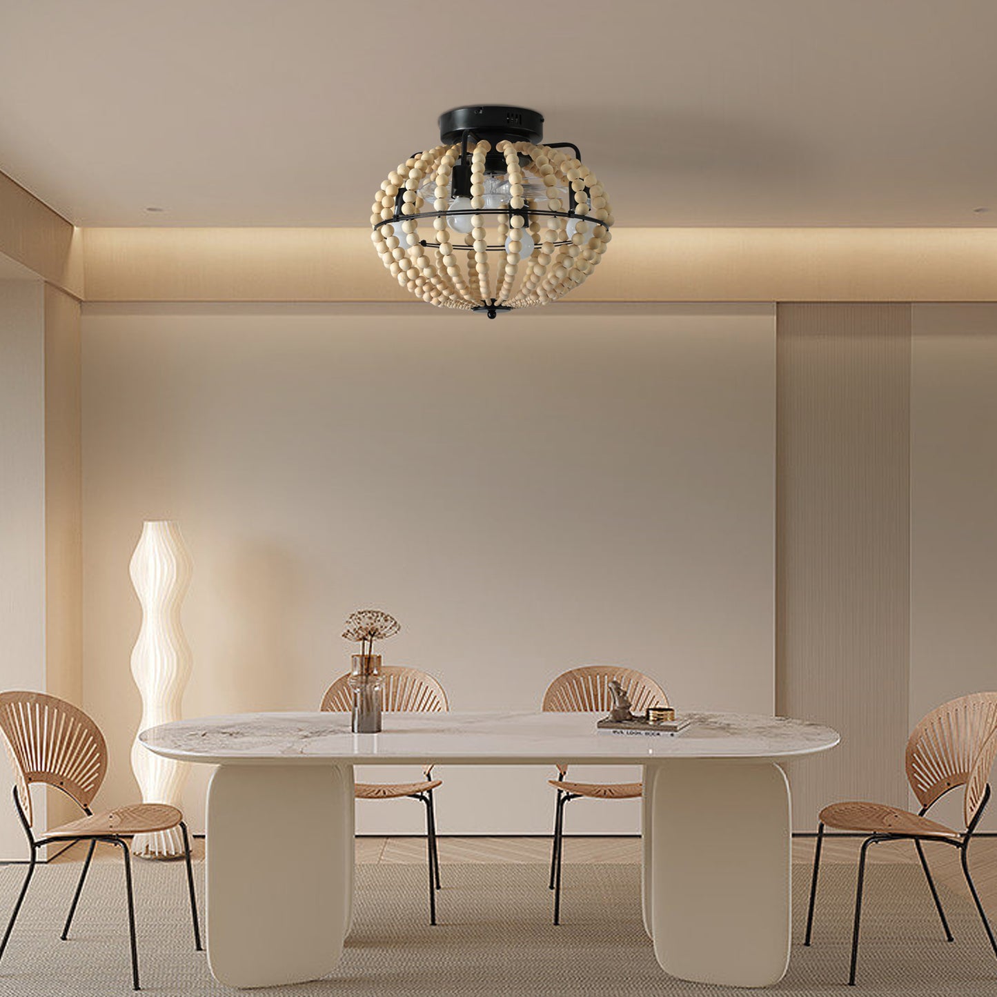 Bohemian Wood Beaded Chandelier – Elegant Flush Mount Ceiling Light for Bedroom & Nursery
