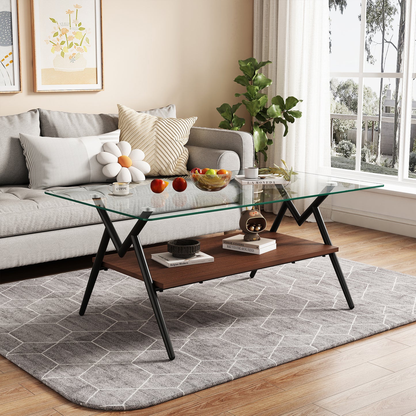Modern Glass & Wood Accent Coffee Table