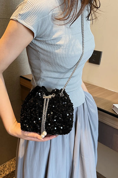Sparkling Sequin Drawstring Bucket Bag with Chain Strap