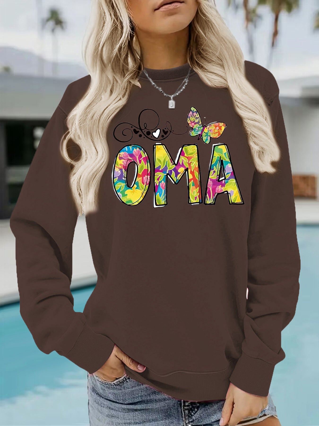 OMA" Butterfly Tie-Dye Print Sweatshirt | Loose Fit Brown Pullover for Grandmas
