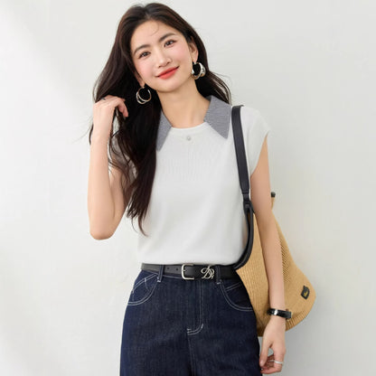 Stripe Turn-down Collar Short Sleeve Knit Top with Layered Look
