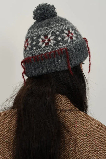 Geometric Pattern Knit Beanie with Seam Trim and Pompom | Stylish Winter Cap