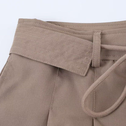 French Style Pleated High-Waisted Shorts with Drawstring Waist Belt