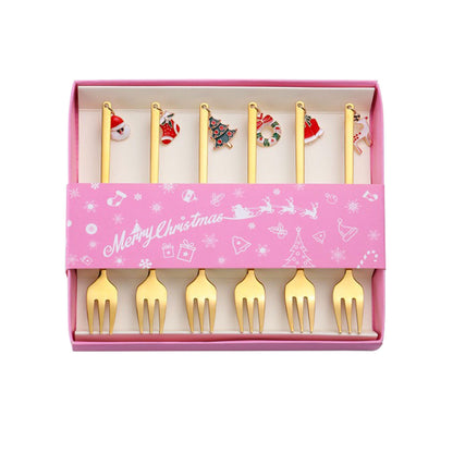 Luxury Christmas Gift Tableware Set - Gold Stainless Steel Coffee Spoon & Dessert Fork with Festive Cartoon Handles (Set of 4)
