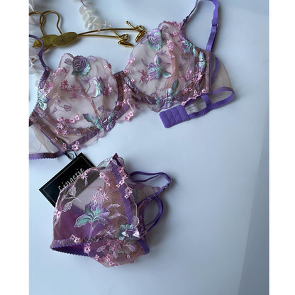 Floral Embroidered Mesh Lingerie Set with Sheer Bra and Thong