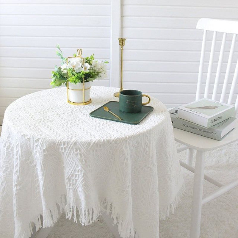 Elegant French Retro Lace Tablecloth – Vintage White Knitted Coffee Table Cover for Home & Photo Props
