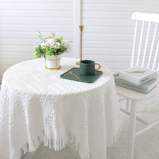 Elegant French Retro Lace Tablecloth – Vintage White Knitted Coffee Table Cover for Home & Photo Props
